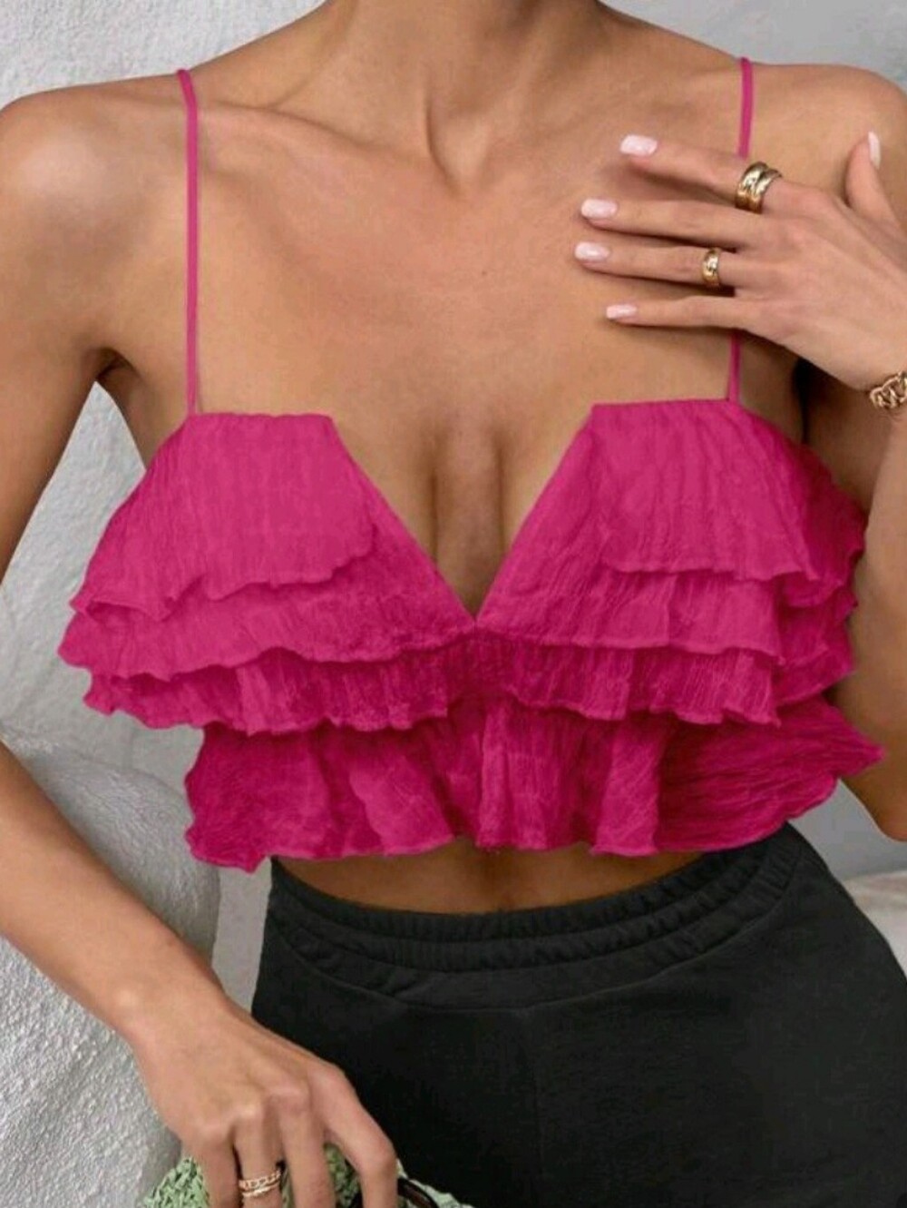 SHEIN Hot Pink Ruffled Spaghetti Strap Crop Top